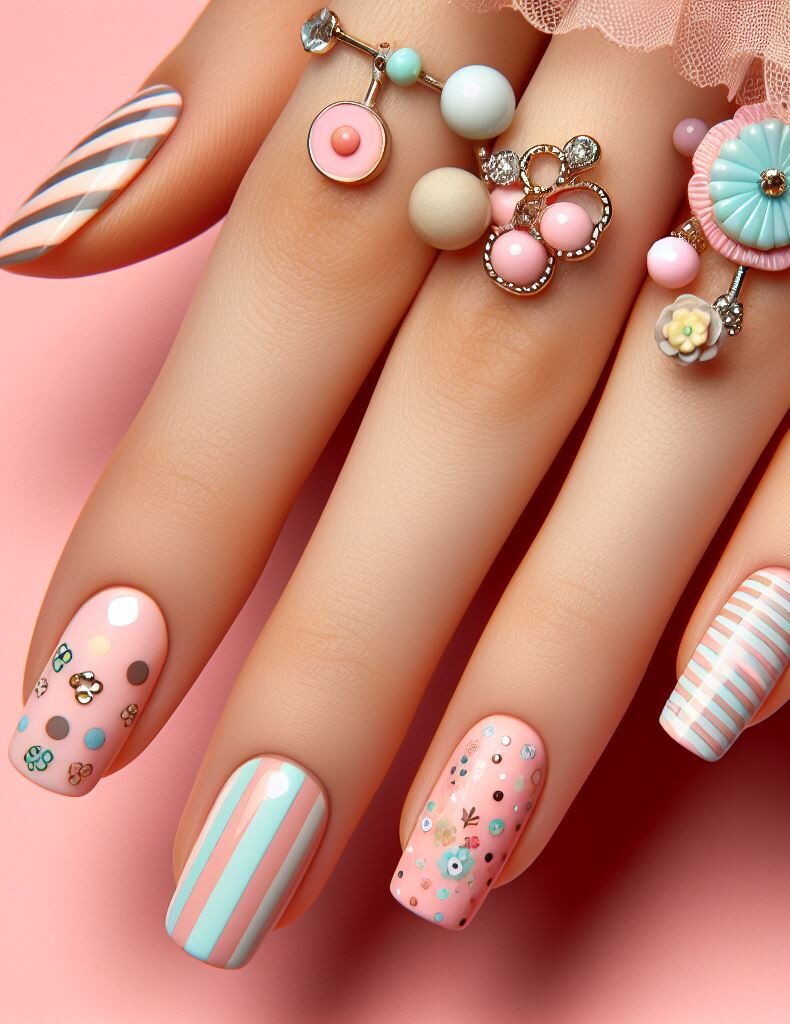 More than just color! Color splash and color pop nail art combines bold hues with playful patterns for a statement-making summer manicure. #nailart #colorfulnailart #nails #pocoko #summernailart #patternednails