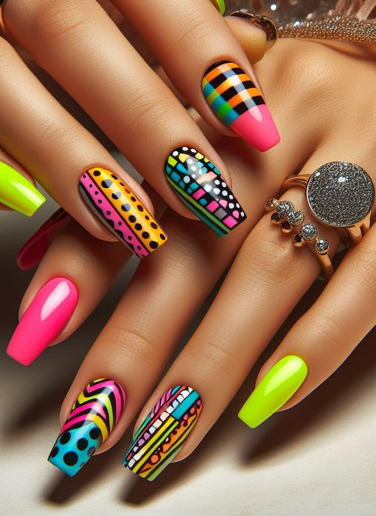 Feeling playful? ✨ Experiment with negative space designs in your colorful nail art, letting bold geometric shapes or contrasting colors take center stage.