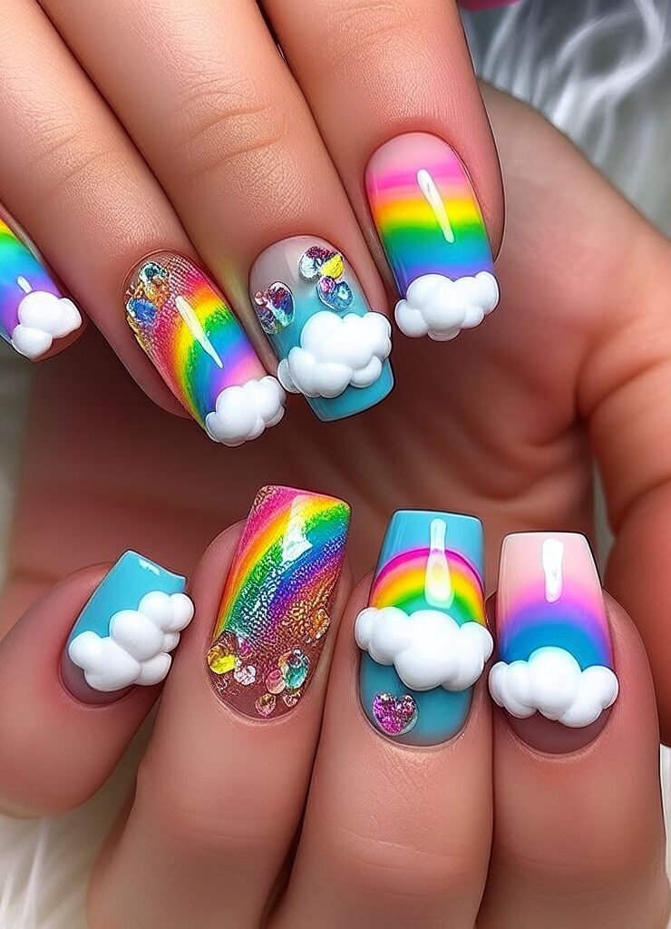 Dreamy fingertips! ☁️✨ Combine fluffy clouds and vibrant rainbows for a whimsical and colorful nail art design. Perfect for the daydreamer in you!