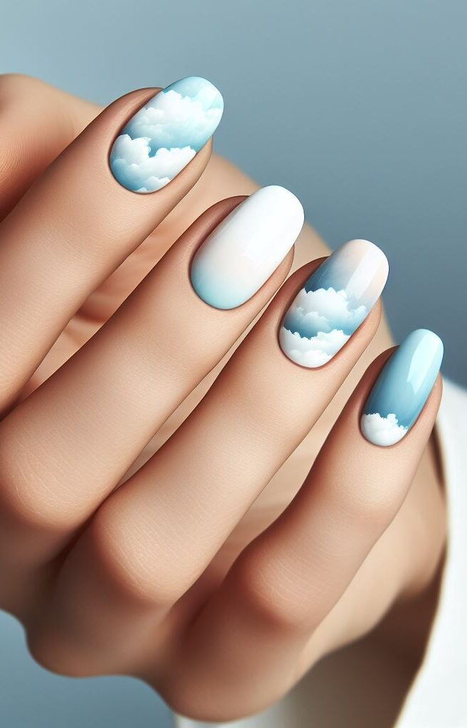 Dreamy fingertips await! ☁️ Channel the beauty of the sky with cloud nail art in calming blues and whites. Experiment with fluffy textures and playful shapes for a whimsical look.
