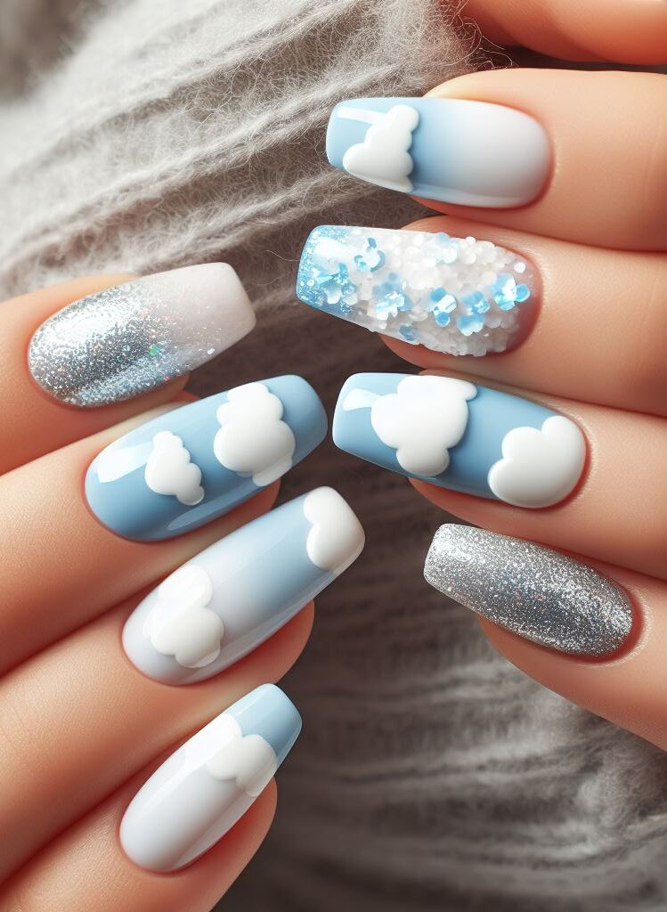 Drift away with dreamy clouds! ☁️ Capture the serenity of a clear sky with cloud nail art in soft blues and whites. Play with wispy textures, cotton ball dabbing, or even tiny stamps for a truly☁️☁️☁️ effect. Nail Art Designs 2024