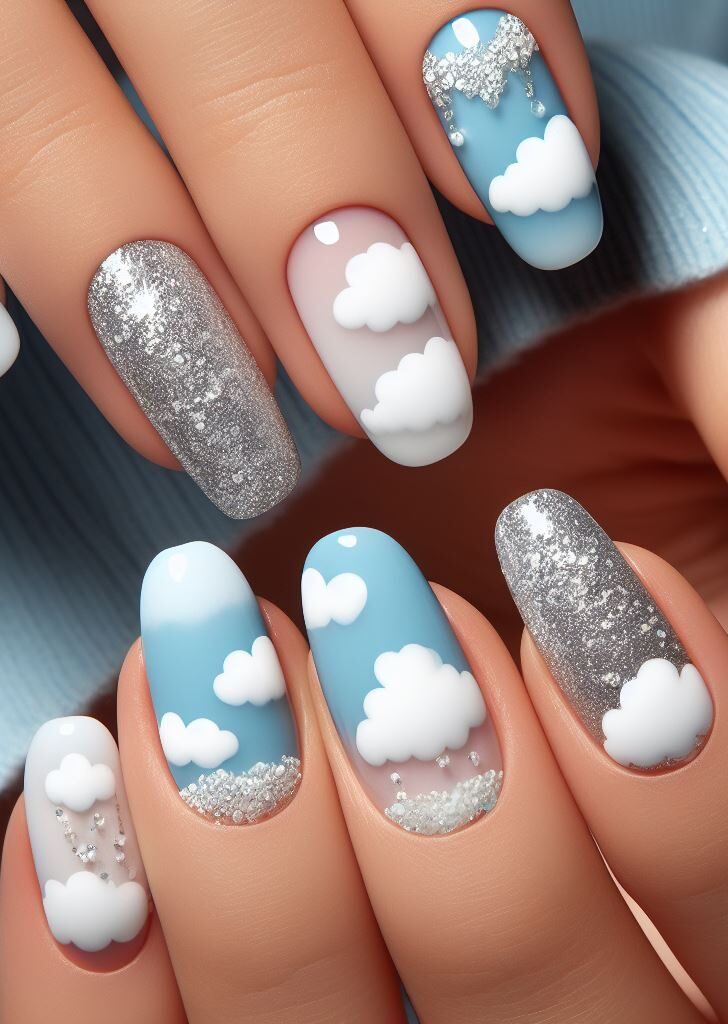 Minimalist magic with a modern twist! ✨ Ditch the brush and use a dotting tool to create tiny white dots in various sizes for a constellation-like cloud design. Perfect for those who love simple elegance. Nail Art Designs 2024