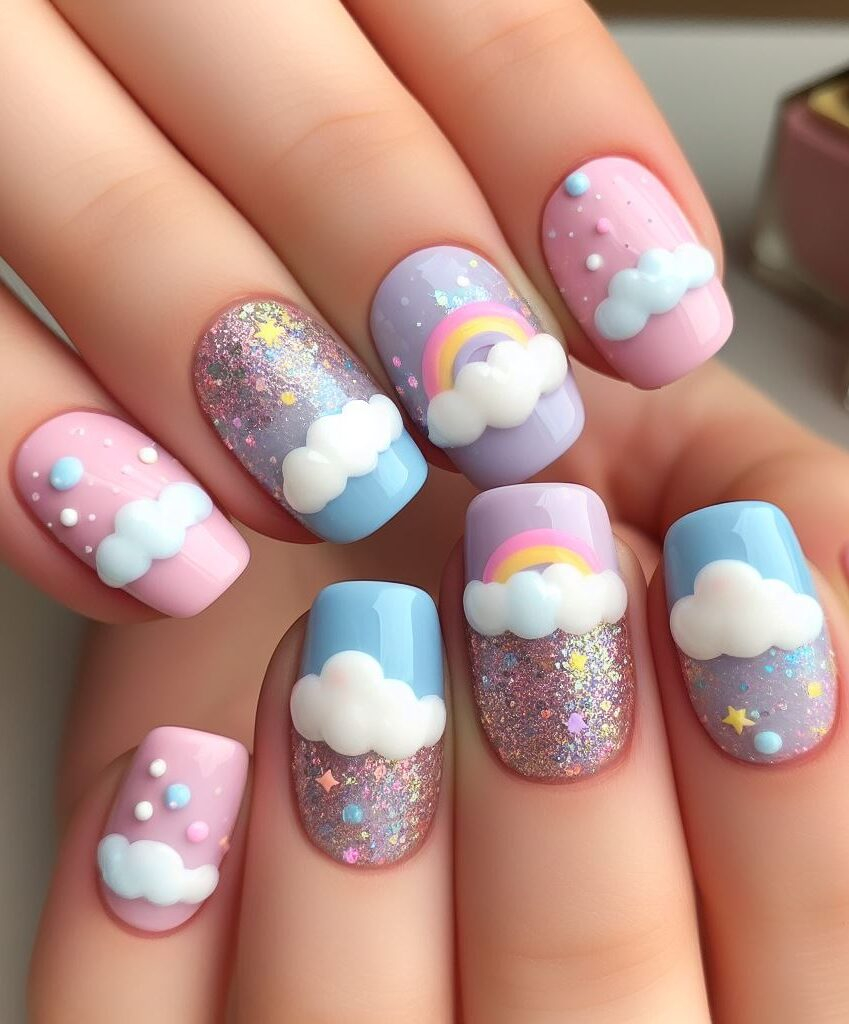 Minimalist magic with shine! ✨ Elevate your cloud and rainbow design with a touch of glitter. Add a delicate shimmer to the base coat or a single line of glitter outlining the clouds for a modern and chic look. Nail Art Designs 2024