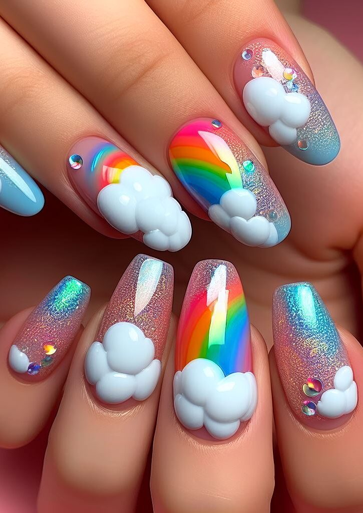Ombre glam with a twist! ✨ Create a mesmerizing effect with a base color transitioning from blue to white, then add a touch of glitter and fluffy clouds for a captivating look. Nail Art Designs 2024