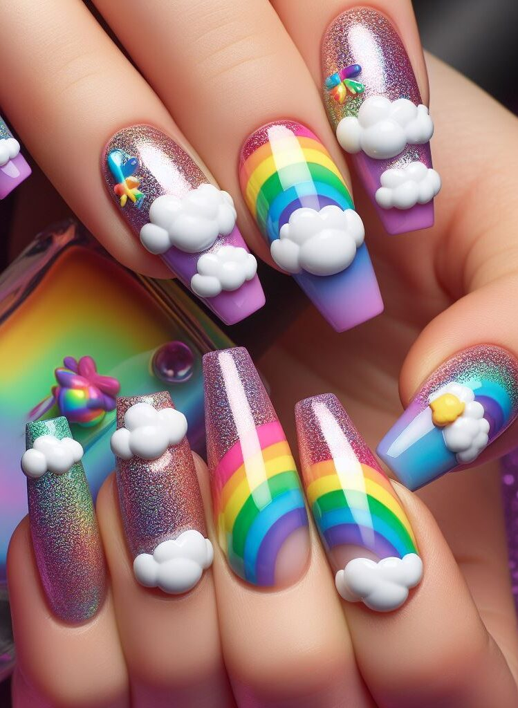 Head in the clouds, but style on point! ☁️ Rainbow and cloud nail art is a whimsical and playful design perfect for dreamers and free spirits.