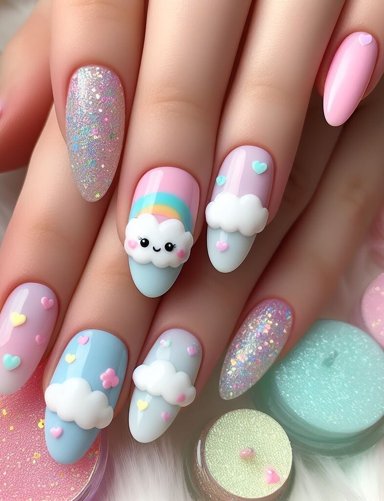 Let your nails reflect the beauty of nature! Combine fluffy clouds and vibrant rainbows for a calming and cheerful nail art design. 