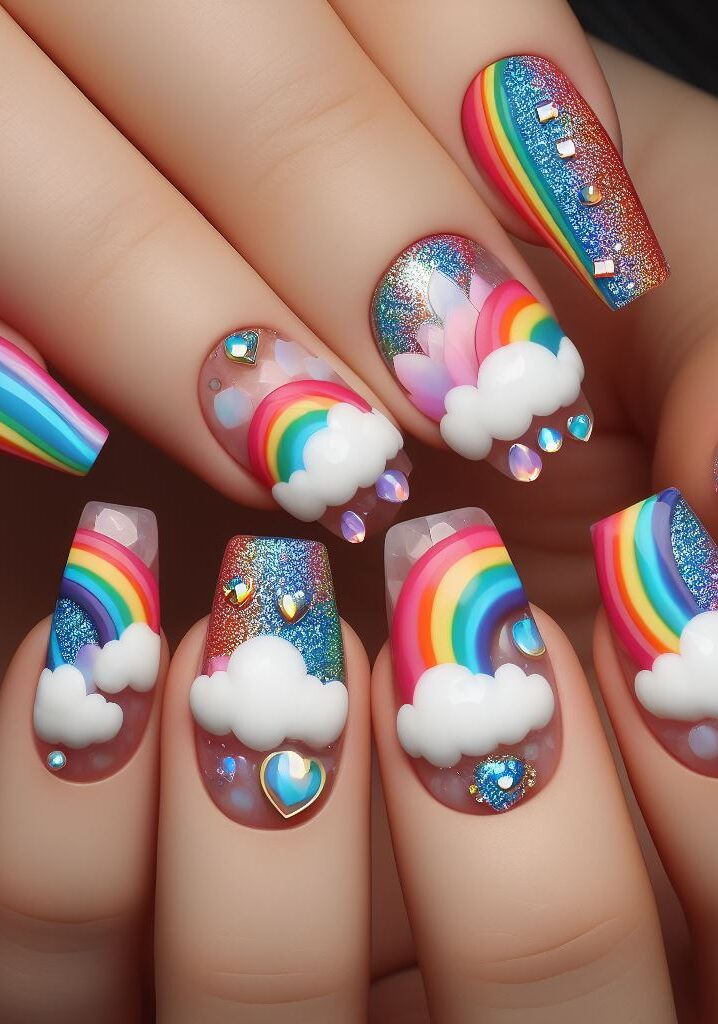 Don't be afraid to be bold! Combine dramatic storm clouds with a vibrant rainbow for a statement-making nail art design. 