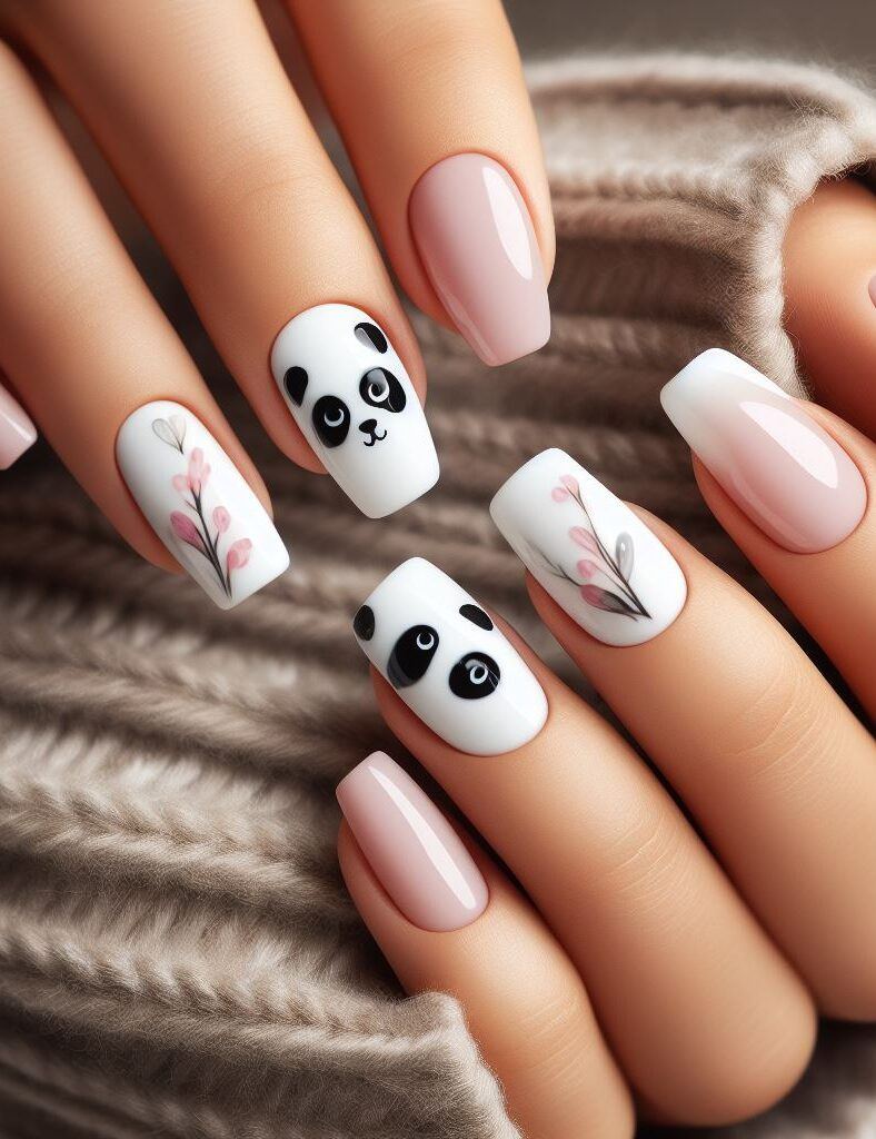 ¡Llamando a todos los fanáticos de los pandas! Estos adorables diseños de uñas presentan caras de pandas juguetones que se asoman desde la punta de tus dedos, perfectos para mostrar tu amor por estos ositos de peluche.