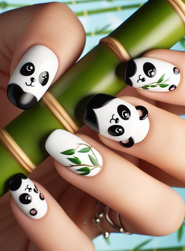 ¡Bambúes y pinceladas! Abrace el hábitat natural del panda con un arte de uñas que presenta delicados tallos de bambú y caprichosas caras de panda pintadas en estilo acuarela.