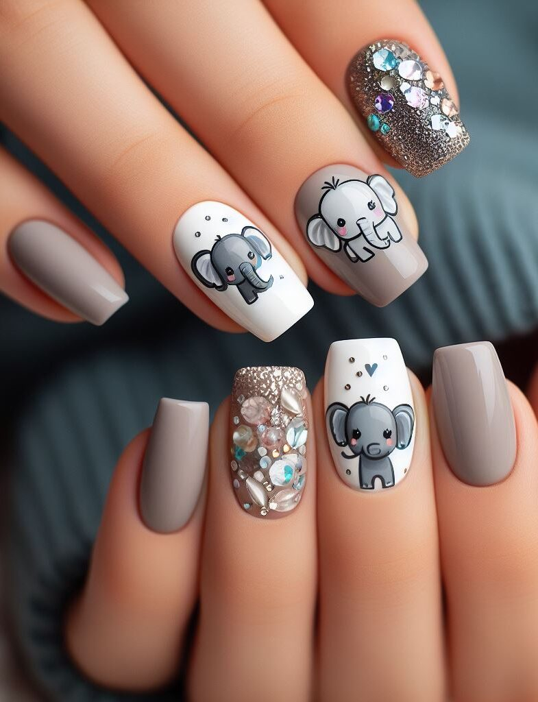 Trunk fun! Celebrate these gentle giants with whimsical nail art featuring baby elephants playfully splashing water with their trunks for a touch of whimsy.