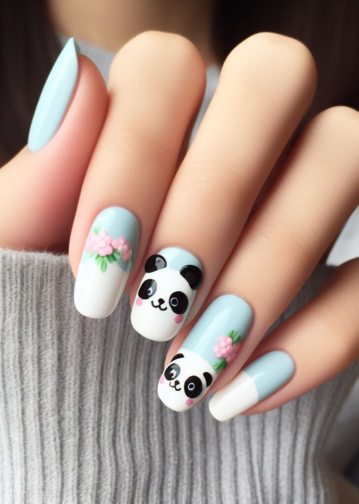 ¡Fiesta panda en tus uñas! Estos divertidos diseños de uñas muestran grupos juguetones de pandas interactuando, trepando o masticando bambú, perfectos para agregar un toque de fantasía a tus dedos.