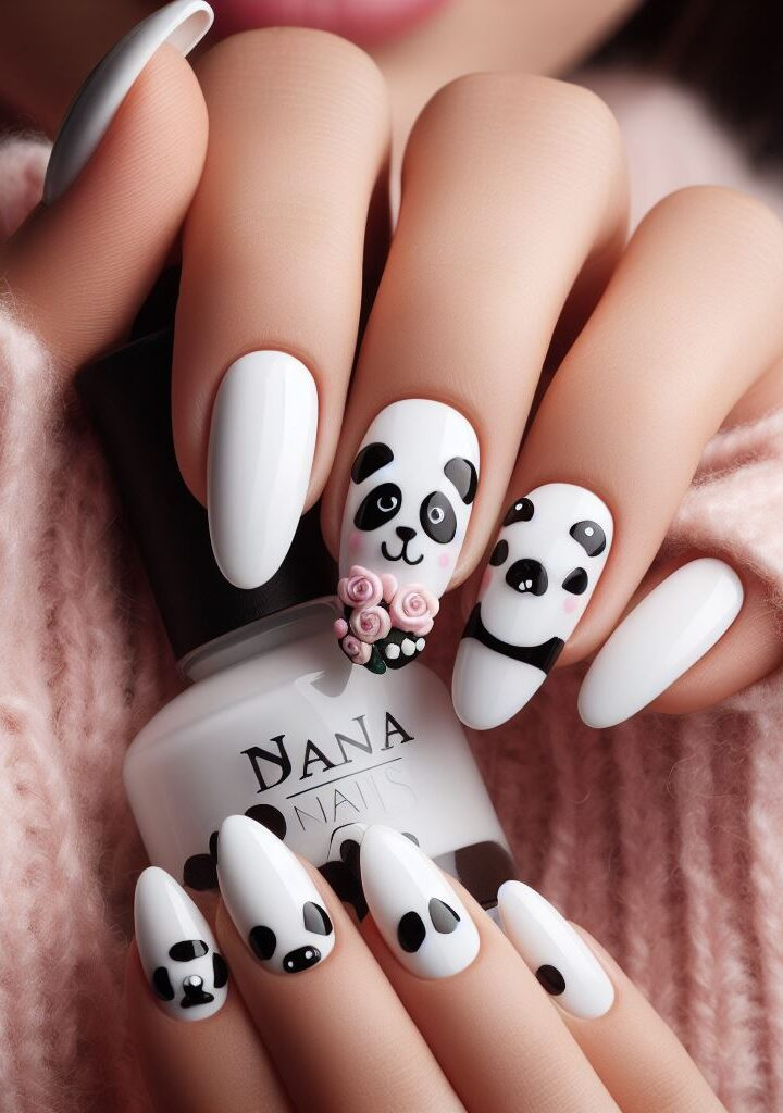 Black and white never looked so cute! Recreate the iconic panda look with minimalist nail art featuring crisp black and white details for a charming and sophisticated touch.
