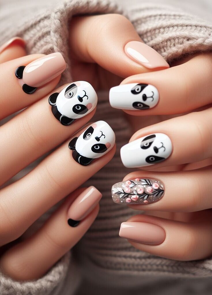 Panda goes glam! Elevate your panda nail art with touches of sparkle! Use glitter accents for their eyes or add a touch of metallic polish for a glamorous panda mani.