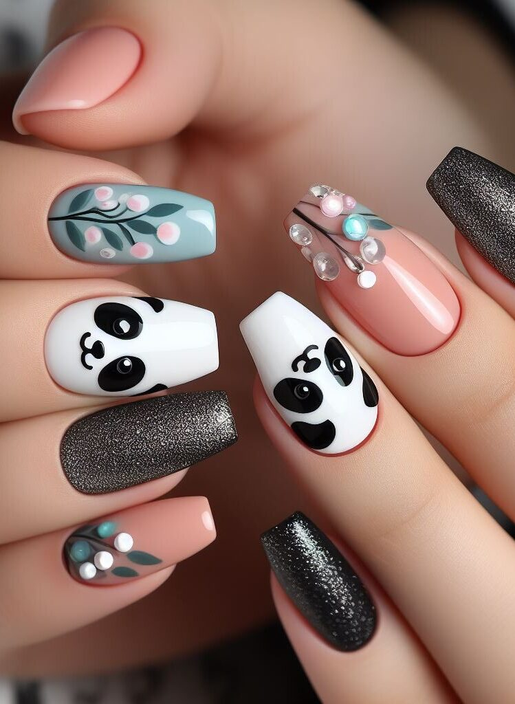 Mismatched panda magic! Don't be afraid to mix and match! Create a playful look with different panda designs on each nail - from sleeping pandas to surprised pandas, the possibilities are endless.
