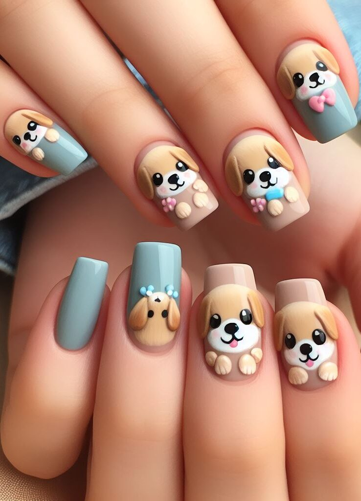 Show your love for all things canine with these pup-tastic nail designs! These adorable puppy faces come with tiny paw prints, hearts, and even bandanas for a playful touch.