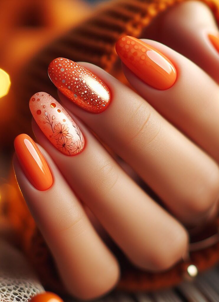 Orange floral flair! Elevate your classic French manicure with delicate floral details on the tips for a touch of effortless elegance and a blooming twist.