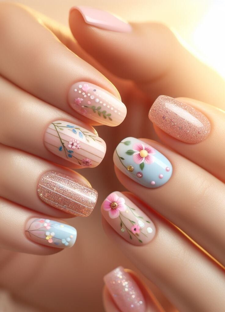 ¿Te sientes caprichoso? ✨ Capture la magia de la primavera con un fantástico diseño floral de uñas con flores diminutas y enredaderas divertidas en tonos pastel.