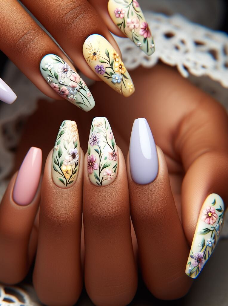 French mani with a floral twist! Reimagine the classic design with elegant floral accents at the tips for a unique and romantic touch. 