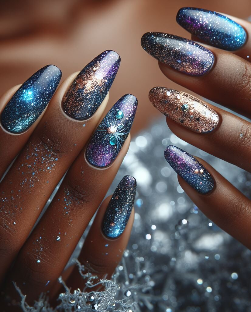 Galaxy Inspired Nail Milky Way magic for your fingertips! Recreate the breathtaking Milky Way on your nails. Use a blend of blues, purples, and whites with tiny specks of glitter to create a dreamy and awe-inspiring galaxy effect.