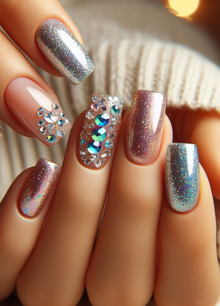 Ditch the boring mani! Turn up the volume on your manicure with a dazzling combination of glitter and rhinestones.
