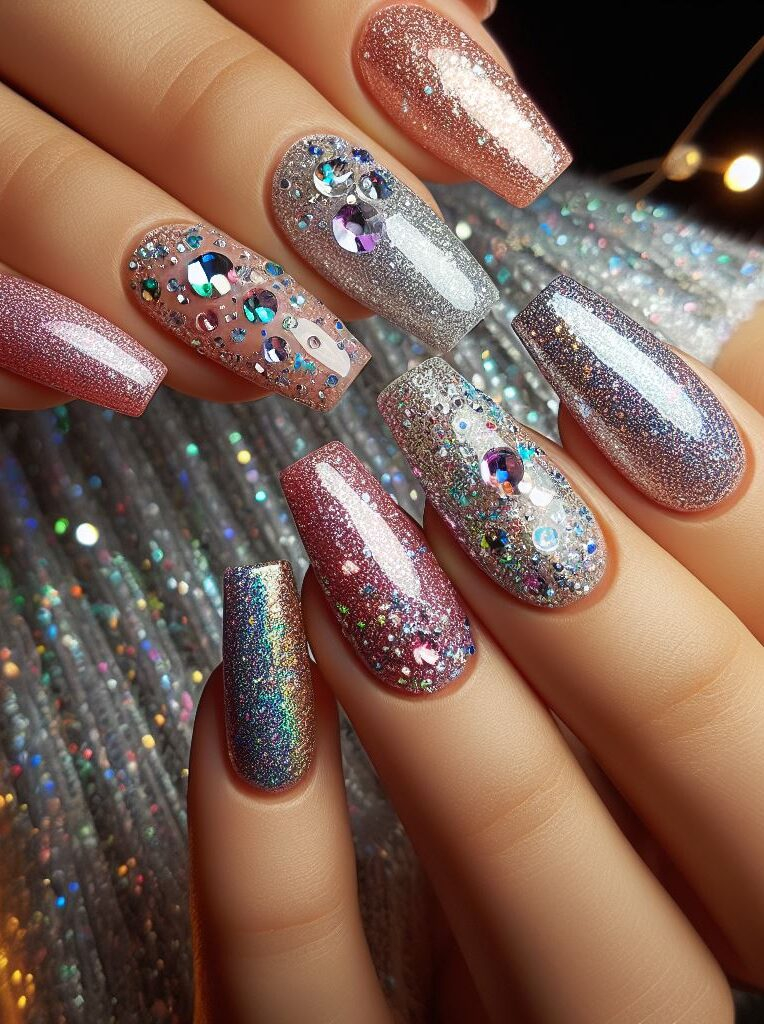 Ombre glam! Create a mesmerizing effect with glitter that transitions from a subtle shimmer to a full-on sparkle, accented with a few dainty rhinestones.
