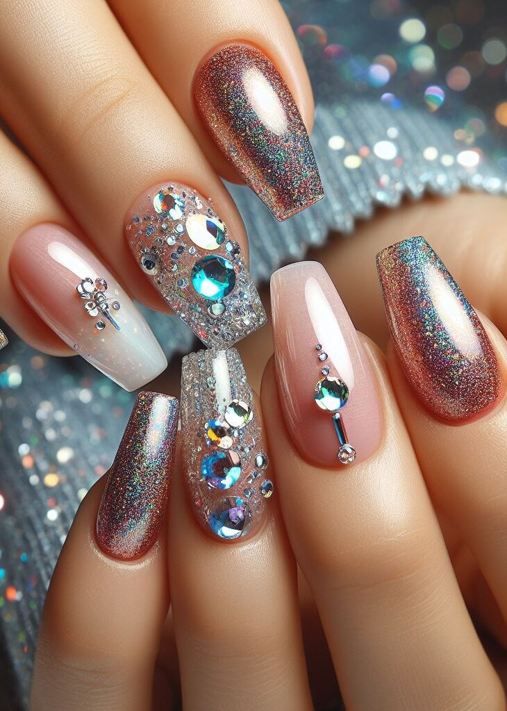 Date night ready! Add a touch of glamour and sophistication to your evening look with captivating glitter and rhinestone nail art.