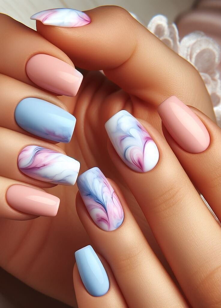 Swirling sophistication! Marble nail art offers endless possibilities. Achieve a timeless and elegant look with classic white and gray swirls for a touch of effortless beauty.