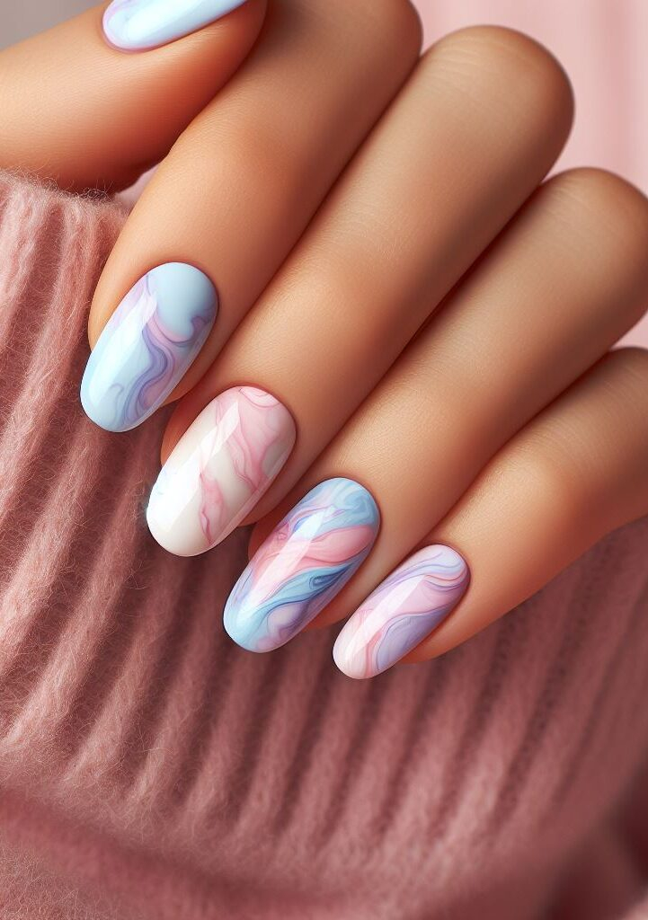 Water marble wonder! Embrace the water marble technique for a mesmerizing and organic effect. Create swirls of color that blend seamlessly for a one-of-a-kind marble masterpiece on each nail.