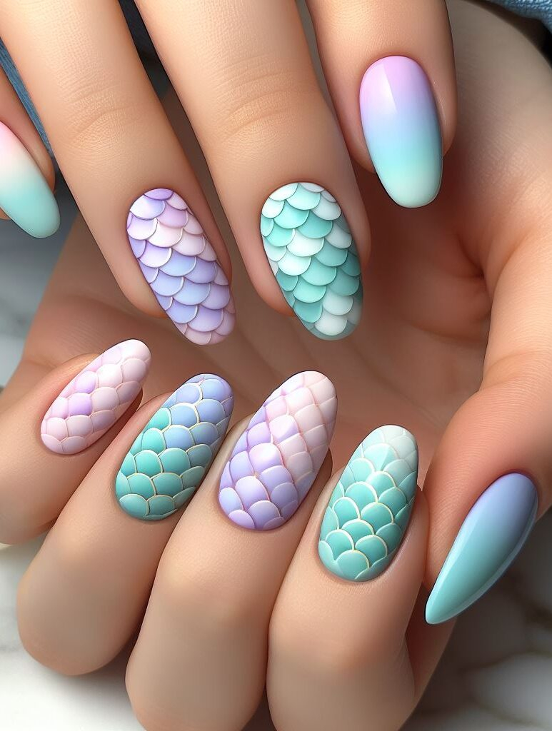 Dive into a mermaid mani! ✨ Recreate the shimmering beauty of a mermaid's tail with these mesmerizing nail art designs featuring iridescent scales and playful pops of color.