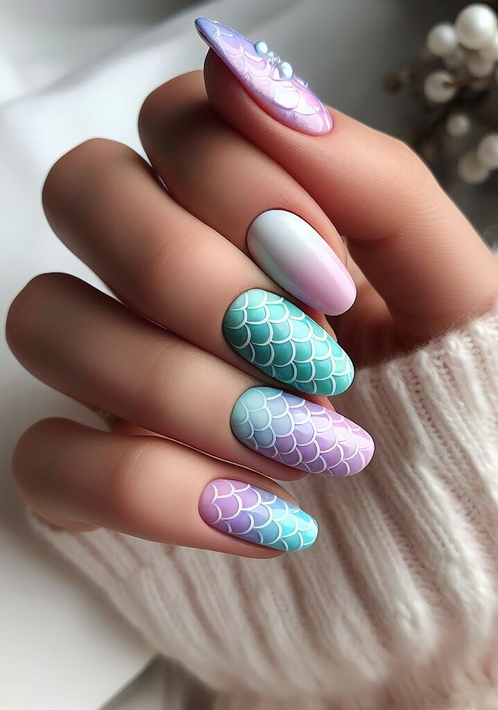 Ocean vibes on your fingertips! Embrace the underwater world with stunning mermaid scale nail art. Use a blend of blues, greens, and teals to create a realistic and captivating effect.