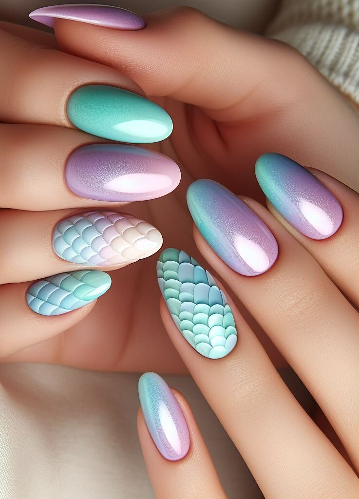 Holographic hues! Make a splash with dazzling mermaid scale nail art! Use holographic polishes to create an eye-catching shine that reflects every light.