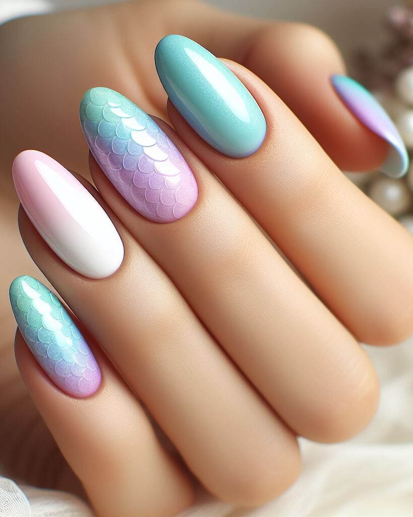 Minimalist magic with a mermaid twist! Less is more! Opt for sleek and subtle mermaid scale nail art with clean lines and pearlescent accents for a touch of understated elegance.
