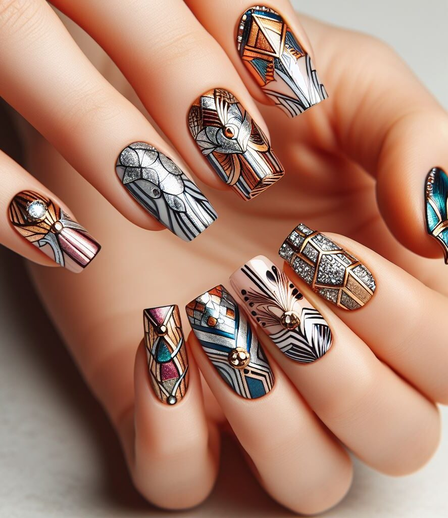 Celestial inspiration! Embrace the cosmos with metallic geometric nail art featuring stars, moons, and constellations in shimmering gold or silver.