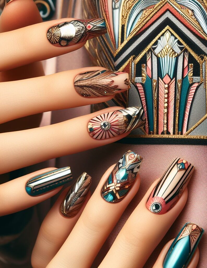 Chrome hearts! Channel your inner rockstar with edgy metallic geometric nail art featuring bold lines and chrome accents.