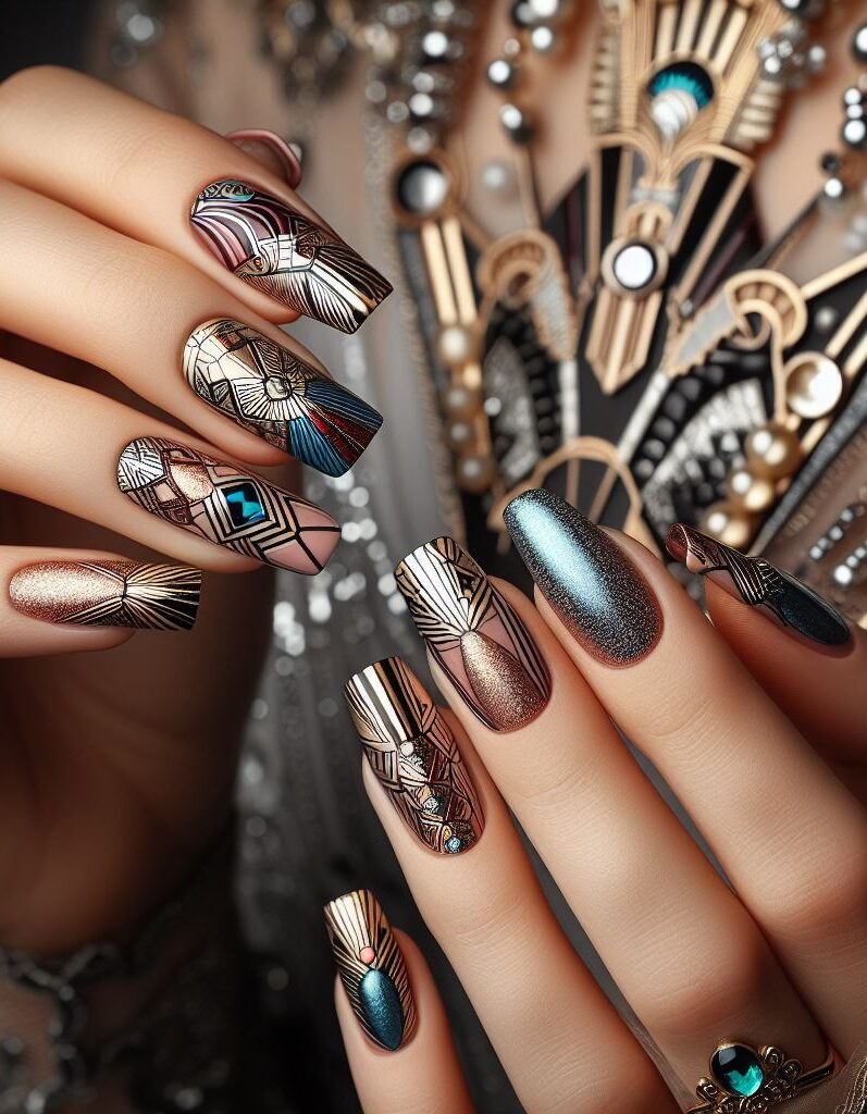 Art Deco dreams! Embrace the glamour of the Art Deco era with geometric patterns in metallic gold and black for a timeless and elegant look.