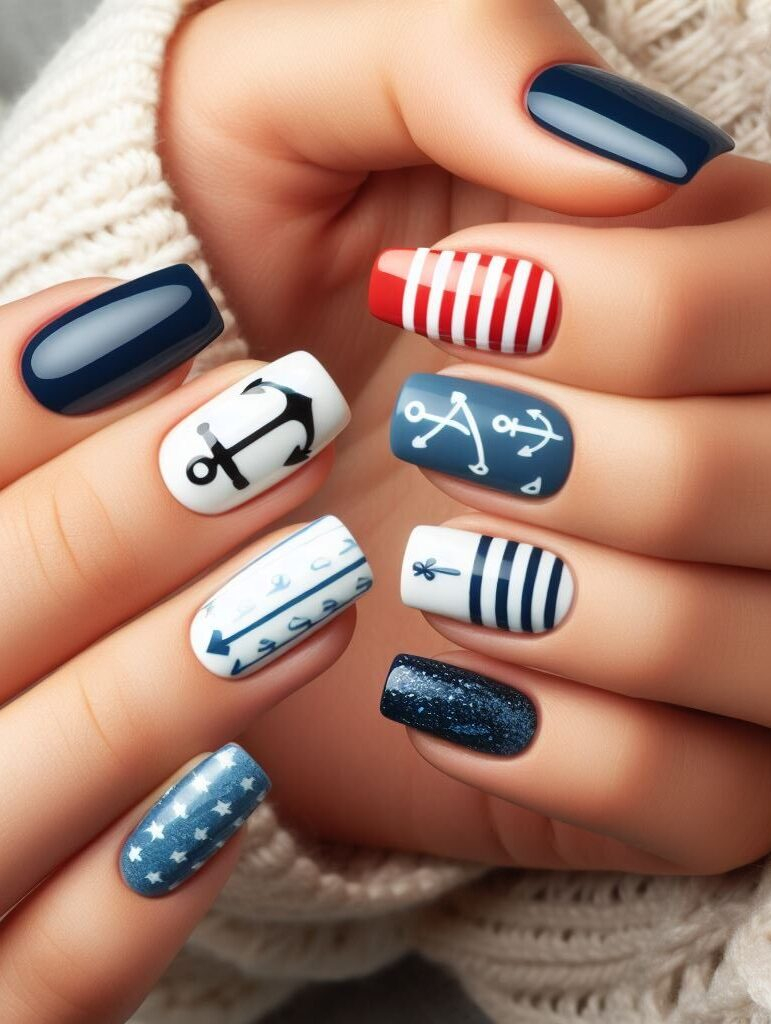 Set sail for stylish nails! Channel your inner sailor with nautical nail art designs featuring anchors, stripes, and pops of navy blue for a timeless and chic look.
