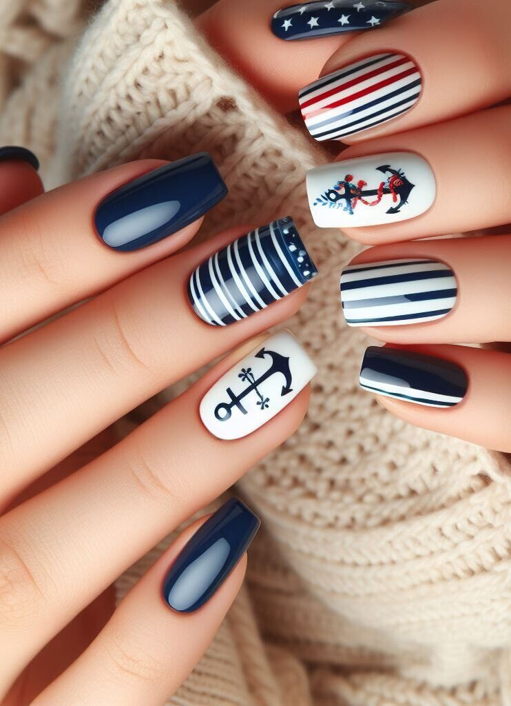 Nautical stripes for a winning mani! Channel your inner sailor with classic nautical stripes in blue and white for a timeless and versatile nail art design.