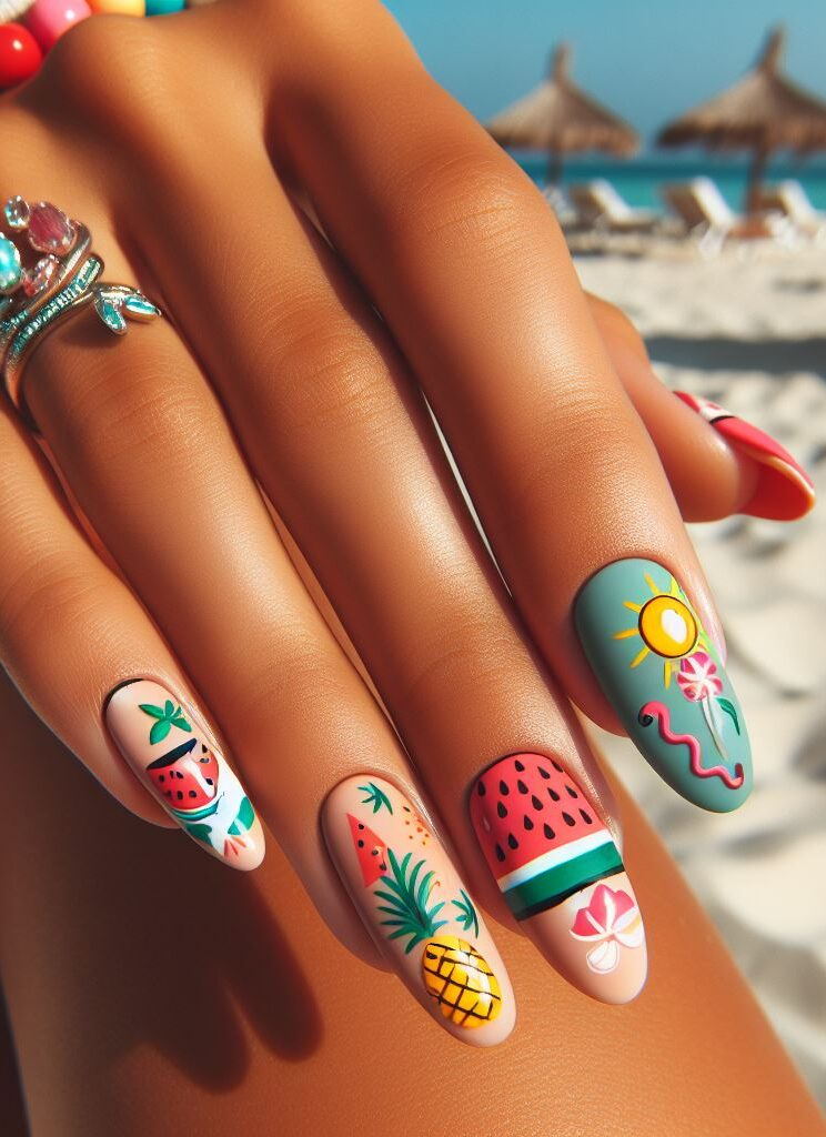 Fruity fun for all! This playful nail art design features a mix of watermelon slices, tiny pineapples, and pops of green for a cheerful and summery look. 
