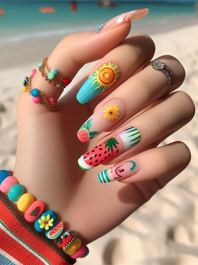 Minimalistmagic! Recreate the essence of watermelon with a single bold slice and a few black seed dots for a modern and chic take on fruity nail art.