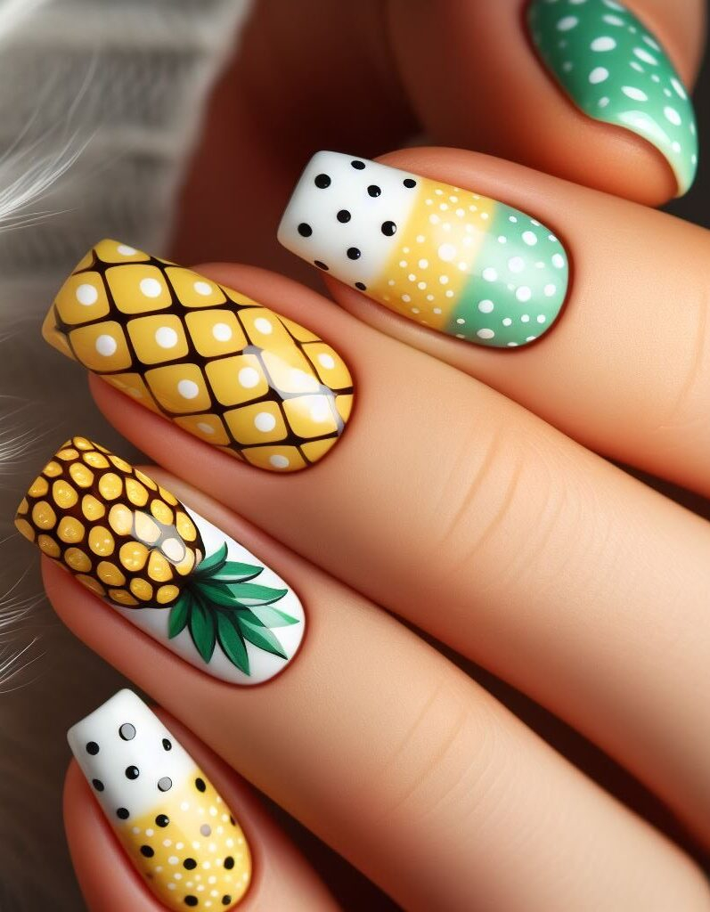 ¡Vibraciones tropicales para 2024! Prepárate para el verano con estos adorables diseños de uñas con piñas que presentan colores jugosos y detalles divertidos. Perfecto para añadir un toque de sol a tus dedos. ☀️