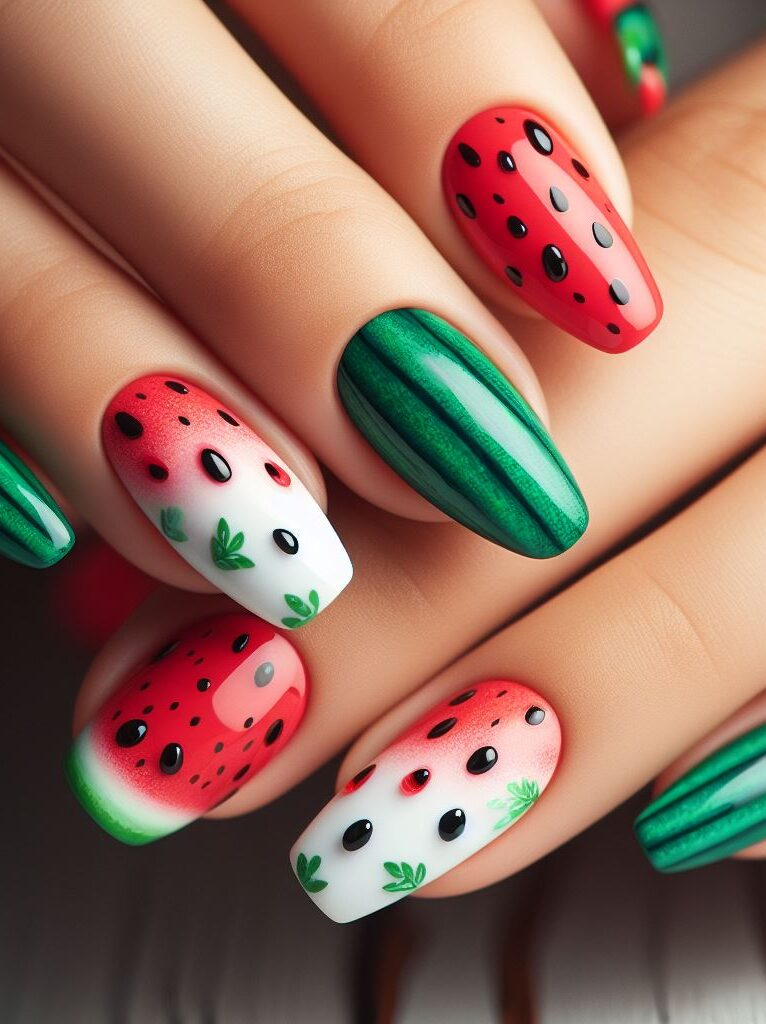 Summer's sweetest mani! Beat the heat with refreshing watermelon nail art designs for 2024. These juicy slices in vibrant pinks and greens are sure to add a touch of summertime fun to your fingertips.