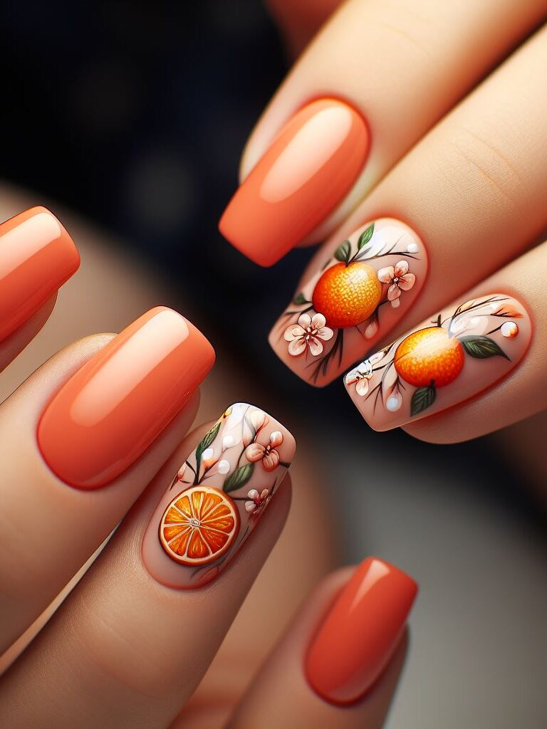 ¡Sol al alcance de tu mano! Abrace el espíritu veraniego con diseños de uñas de color naranja vibrante para 2024. Piense en gajos jugosos, rodajas divertidas o incluso una naranja entera para una apariencia refrescante y alegre.
