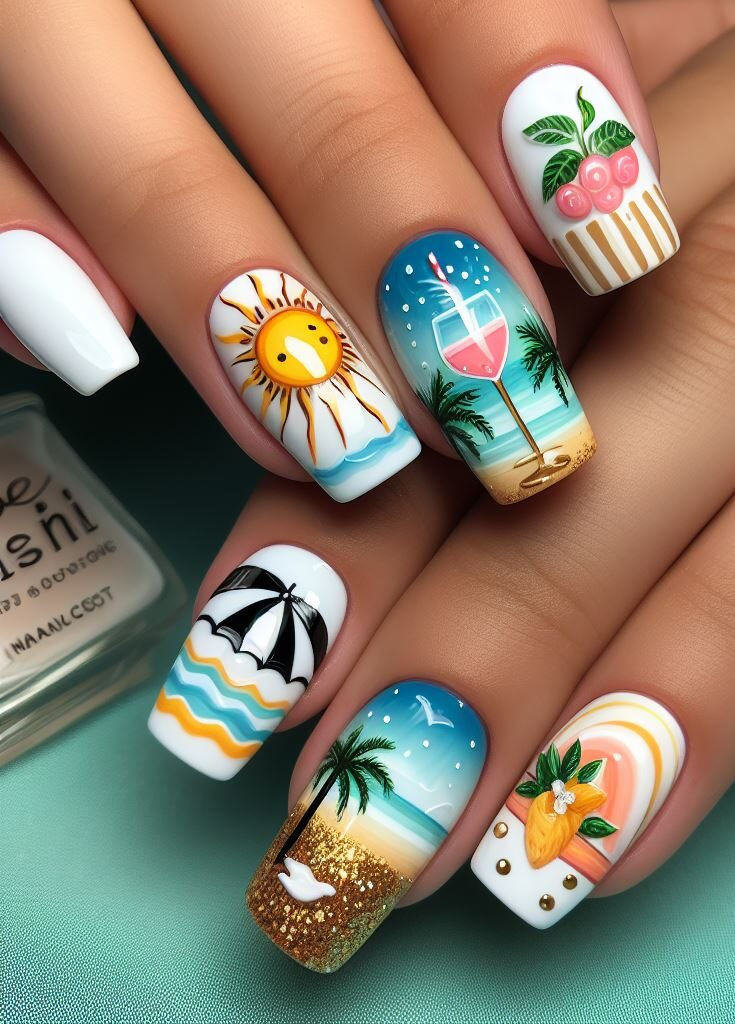 Beach vibes and juicy delights! Summer 2024 nails are all about sunshine! These adorable nail art designs feature juicy mangoes and peaches nestled amidst sandy beaches and sparkling waves. ☀️