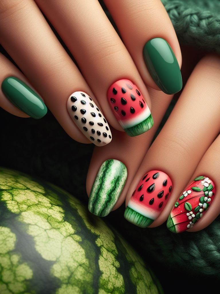 Summer on your fingertips! Watermelon fruity nail art with juicy pink and green hues is the perfect way to embrace the warm weather.