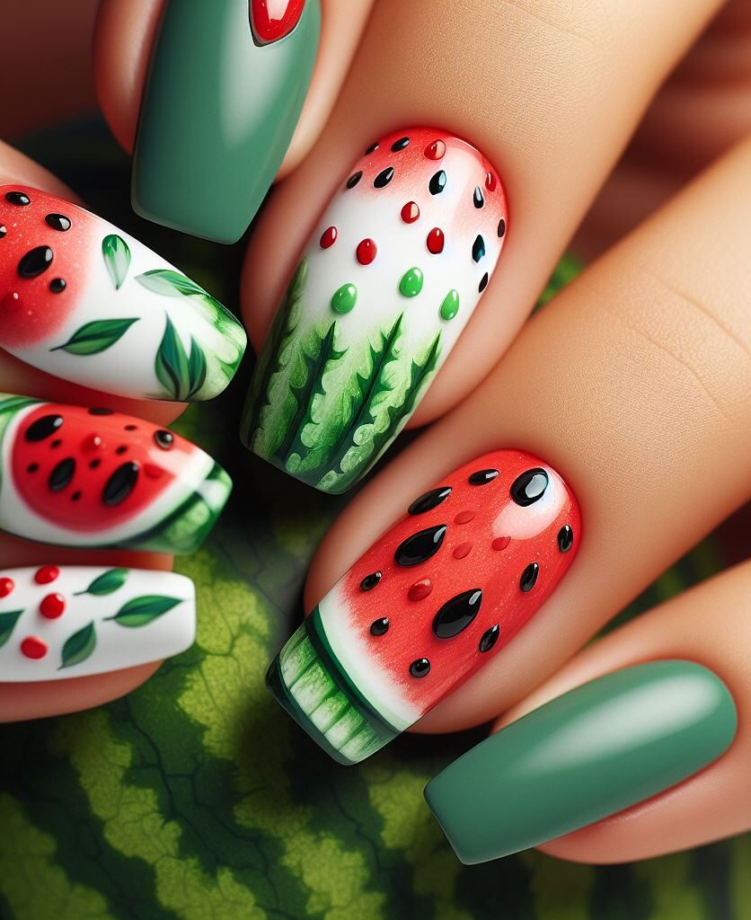 Feeling playful? Experiment with watermelon slices, seeds, and a touch of shimmer for a fun and fruity look