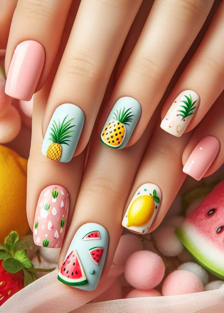Tropical paradise on your fingertips! Combine juicy watermelon slices and spiky pineapple accents for a vibrant fruity nail art design. Perfect for a summer escape!