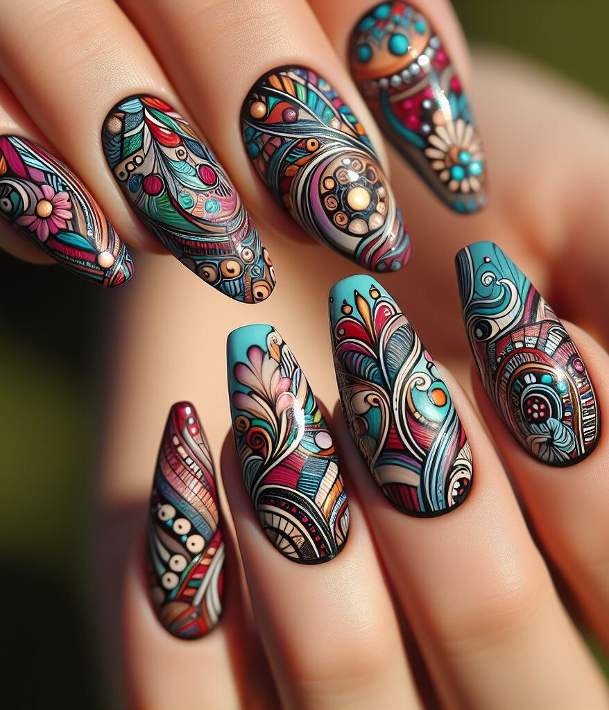 Channel your inner warrior! Tribal-inspired nail art features bold geometric patterns and symbolic motifs for a fierce and unique look. Embrace your wild side with these empowering designs.