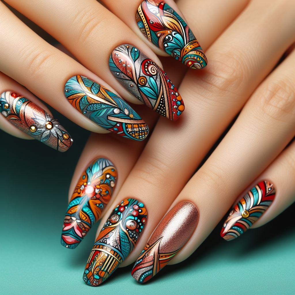 Modern meets ancient! Tribal art gets a modern twist with clean lines, negative space, and pops of metallic accents. This creates a sophisticated and eye-catching nail art design.