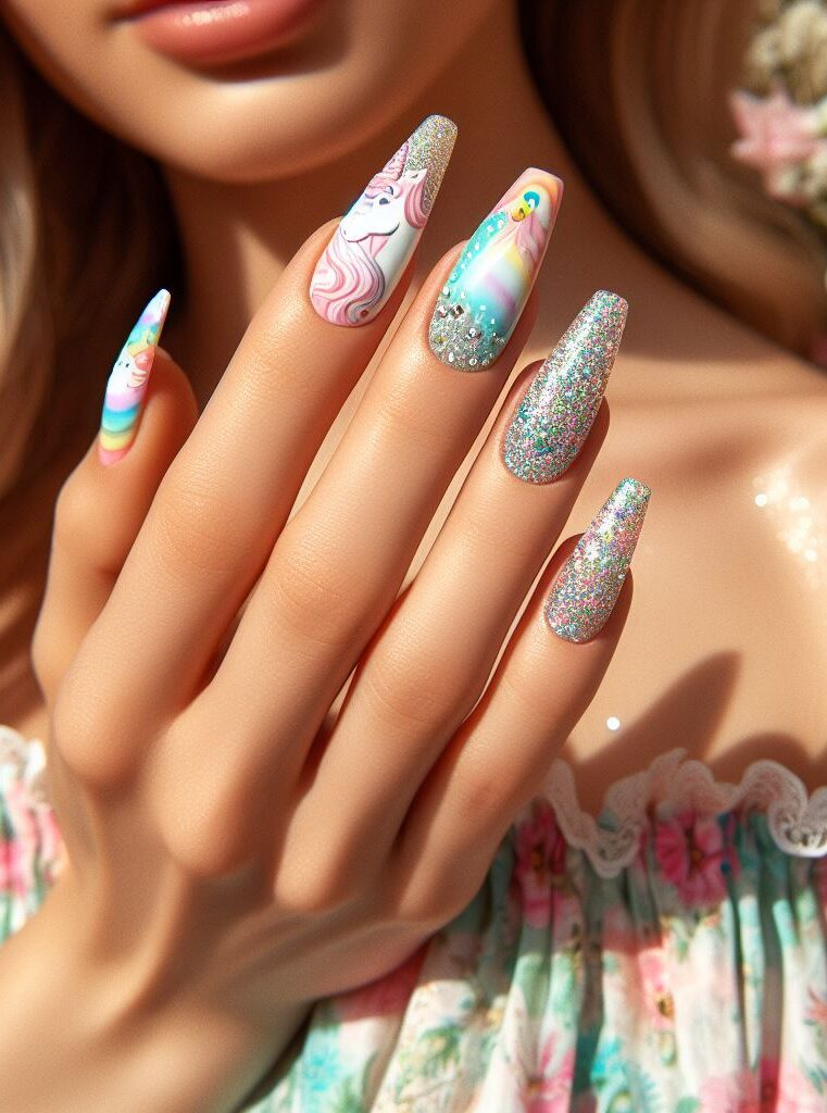 Dreamy duo! Combine soft pastel rainbows with playful unicorn silhouettes for a delightful and lighthearted nail art look perfect for spring.