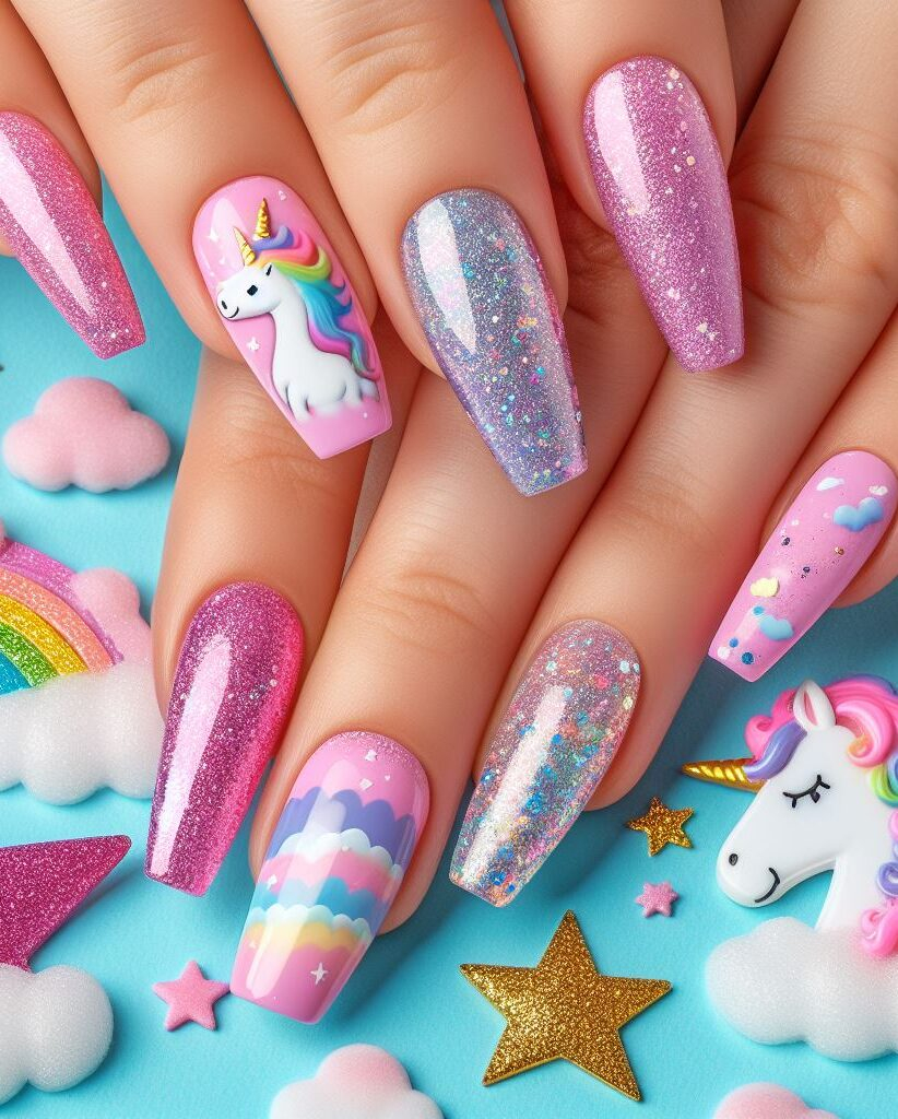 Minimalist magic! Less is more! Opt for sleek and subtle unicorn nail art with delicate horn details and tiny rainbow accents for a touch of understated whimsy.